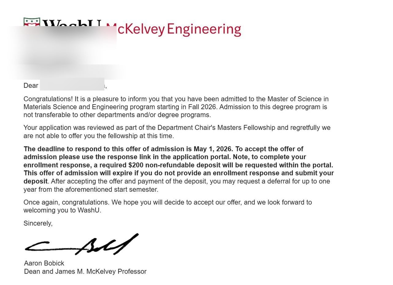 Washington University in St. Louis admission letter